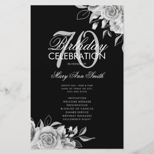 Floral 70th Birthday Program Silver Black met Menu (Voorkant)