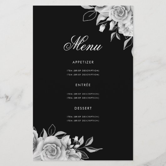 Floral 70th Birthday Program Silver Black met Menu (Achterkant)