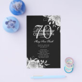 Floral 70th Birthday Program Silver Black met Menu (Enkel)