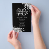 Floral 70th Birthday Program Silver Black met Menu (Hand)