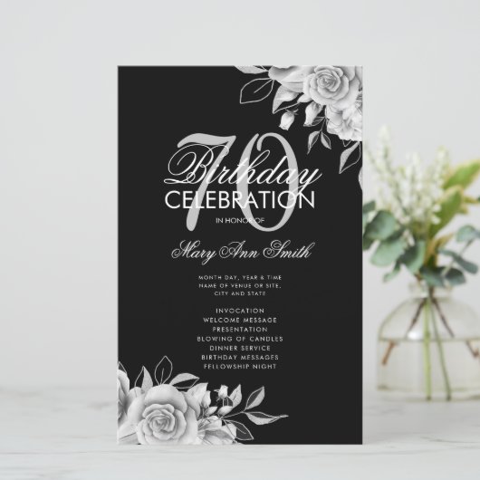 Floral 70th Birthday Program Silver Black met Menu (Staand voorkant)