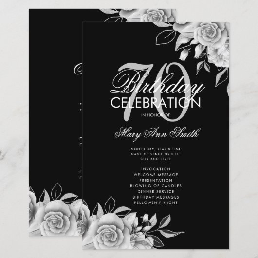Floral 70th Birthday Program Silver Black met Menu (Voorkant / Achterkant)