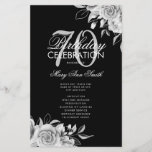 Floral 70th Birthday Program Silver Black met Menu<br><div class="desc">Elegant ontwerp "Birthday Party Program" met Floral Arrangement in Silver met aangepaste tekst.</div>