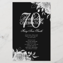 Floral 70th Birthday Program Silver Black met Menu
