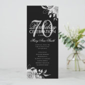 Floral 70th Birthday Program Silver Black met Menu Kaart (Staand voorkant)
