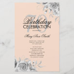 Floral 70th Birthday Program Silver Blush met Menu<br><div class="desc">Elegant ontwerp "Birthday Party Program" met Floral Arrangement in Silver met aangepaste tekst.</div>