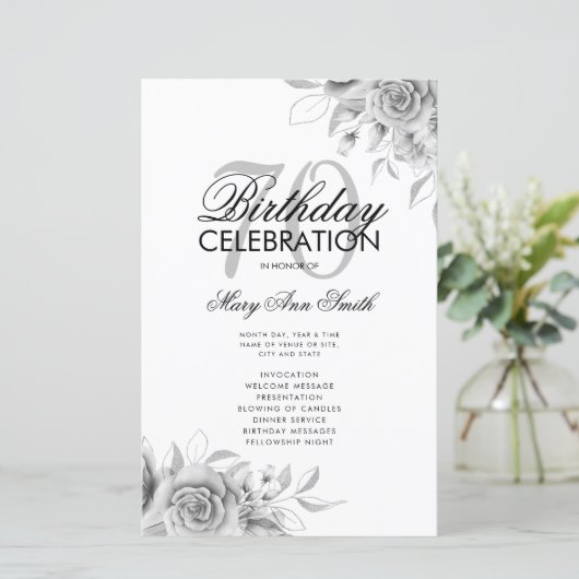 Floral 70th Birthday Program Silver met Menu (Staand voorkant)