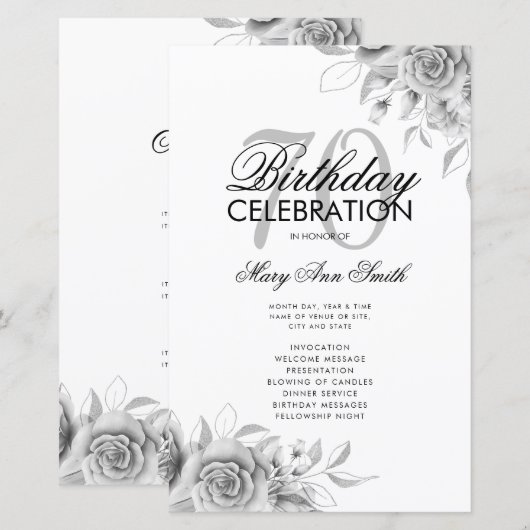 Floral 70th Birthday Program Silver met Menu (Voorkant / Achterkant)