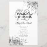 Floral 70th Birthday Program Silver met Menu<br><div class="desc">Elegant ontwerp "Birthday Party Program" met Floral Arrangement in Silver met aangepaste tekst.</div>