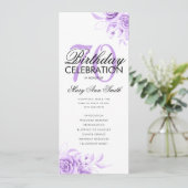 Floral 70th Birthday Programme Paars met Menu Kaart (Staand voorkant)