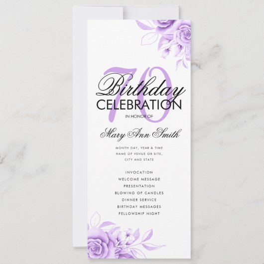 Floral 70th Birthday Programme Paars met Menu Kaart (Voorkant)