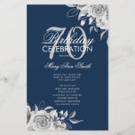 Floral 70th Birthday Programme Silver Navy w/ Menu<br><div class="desc">Elegant ontwerp "Birthday Party Program" met Floral Arrangement in Silver met aangepaste tekst.</div>