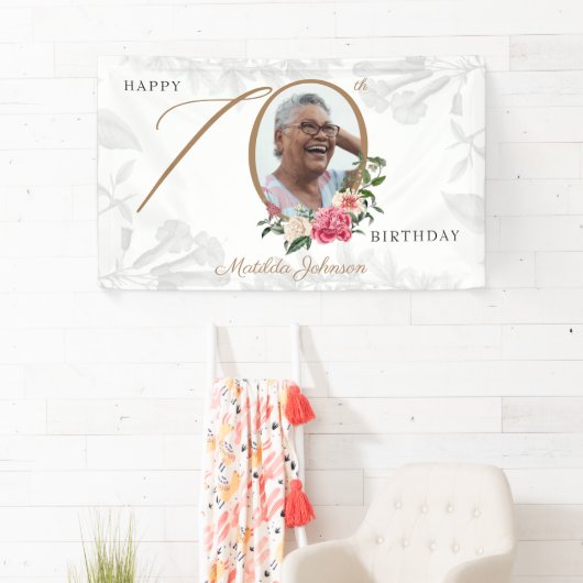 Floral 70th Birthday White Gold Botanical Photo Spandoek (Insitu)
