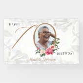 Floral 70th Birthday White Gold Botanical Photo Spandoek (Horizontaal)
