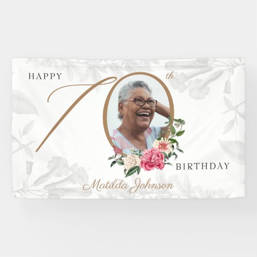 Floral 70th Birthday White Gold Botanical Photo Spandoek (Horizontaal)