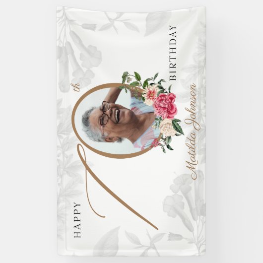 Floral 70th Birthday White Gold Botanical Photo Spandoek (Verticaal)