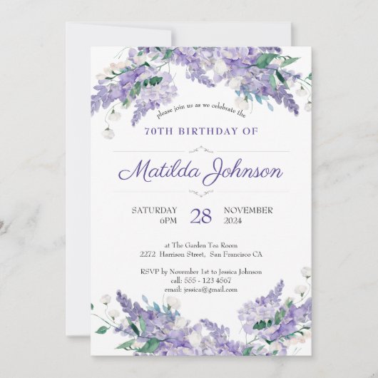 Floral 70th Birthday Wisteria Classy Paars Custom Kaart (Voorkant)