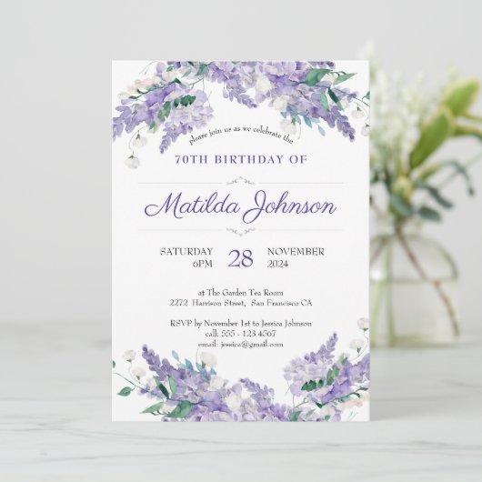 Floral 70th Birthday Wisteria Classy Paars Custom Kaart (Staand voorkant)