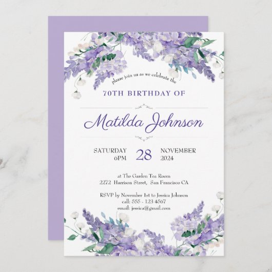 Floral 70th Birthday Wisteria Classy Paars Custom Kaart (Voorkant / Achterkant)