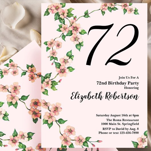 Floral 72e verjaardag uitnodiging in Blush Pink