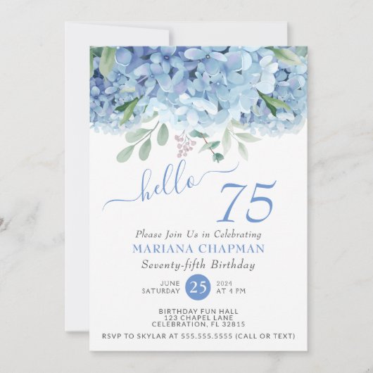 Floral 75th Birthday Blue Hydrangeas Waterverf Kaart (Voorkant)