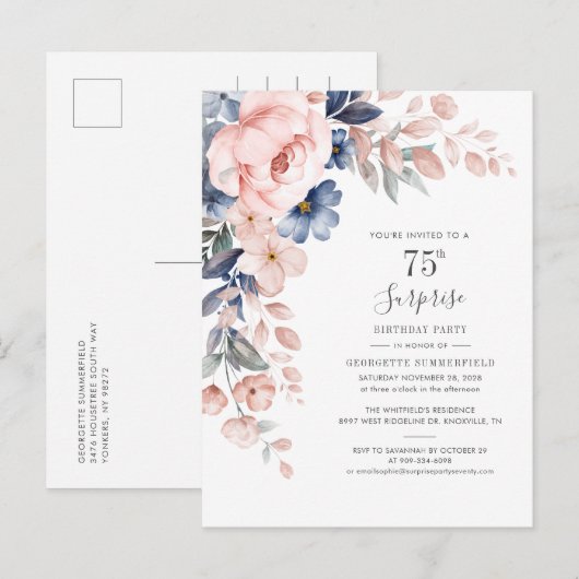 Floral 75th Surprise Birthday Party Botanical Uitnodiging Briefkaart (Voorkant / Achterkant)