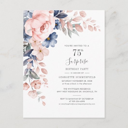 Floral 75th Surprise Birthday Party Botanical Uitnodiging Briefkaart (Voorkant)