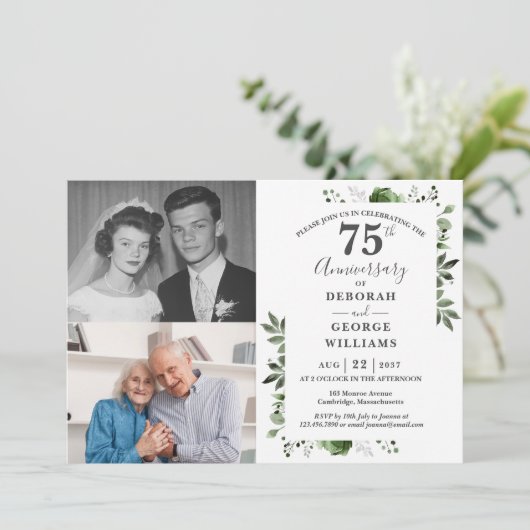 Floral 75th Wedding Jubileum Toen & Nu 2 Foto Kaart (Staand voorkant)