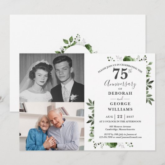 Floral 75th Wedding Jubileum Toen & Nu 2 Foto Kaart (Voorkant / Achterkant)