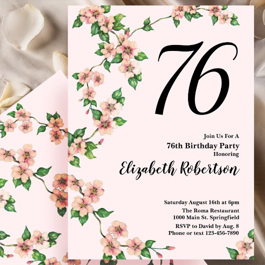 Floral 76e verjaardag uitnodiging in Blush Pink