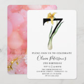 Floral 7e verjaardag met aangepaste fotouitnodigin kaart (Voorkant / Achterkant)