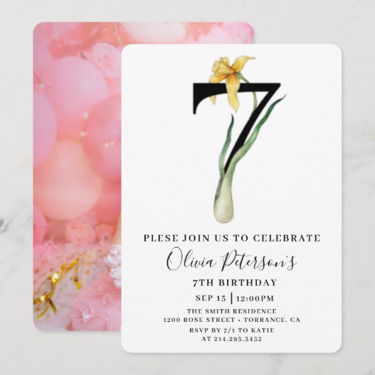Floral 7e verjaardag met aangepaste fotouitnodigin kaart (Voorkant / Achterkant)