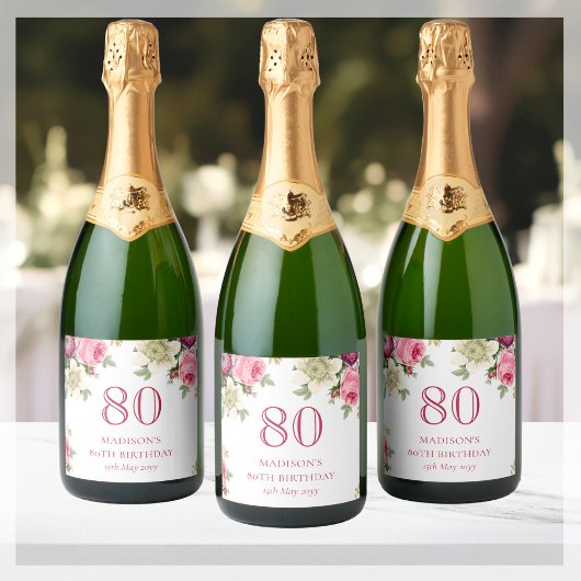 Floral 80e verjaardag van de roze Floral Sparkling Wijnetiket