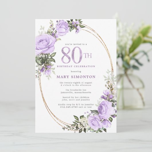 Floral 80e verjaardag van het Paarse Roos Kaart (Staand voorkant)