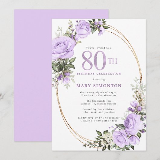 Floral 80e verjaardag van het Paarse Roos Kaart (Voorkant / Achterkant)