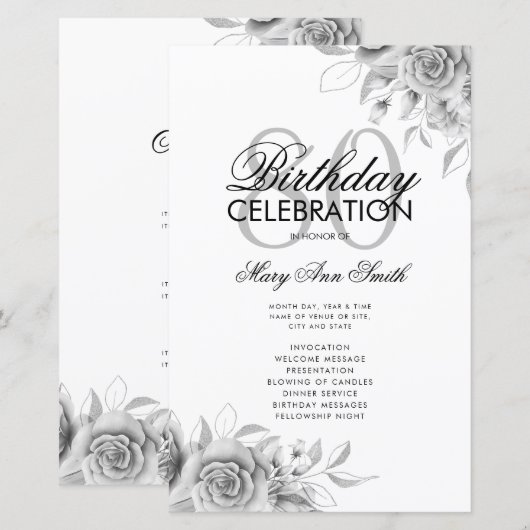 Floral 80e Verjaardagsprogramma Zilver w/ Menu (Voorkant / Achterkant)