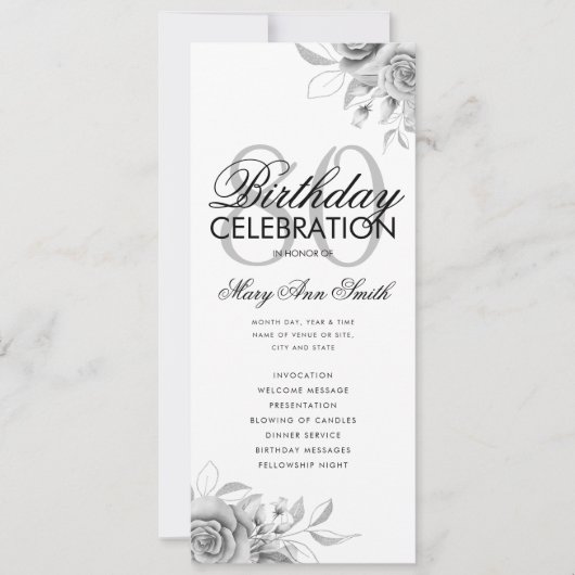 Floral 80e Verjaardagsprogramma Zilver w/ Menu Kaart (Voorkant)