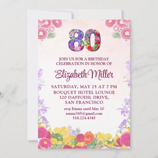 Floral 80ste verjaardag uitnodiging 80 elegante ka (Voorkant)