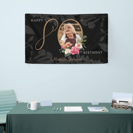 Floral 80th Birthday Black Gold Chic - aangepaste  Spandoek (Beurs)