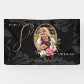 Floral 80th Birthday Black Gold Chic - aangepaste  Spandoek (Horizontaal)