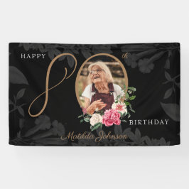 Floral 80th Birthday Black Gold Chic - aangepaste  Spandoek