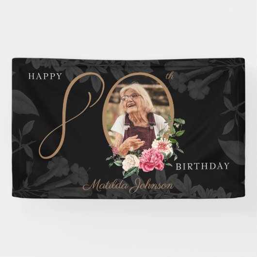 Floral 80th Birthday Black Gold Chic - aangepaste Spandoek (Horizontaal)