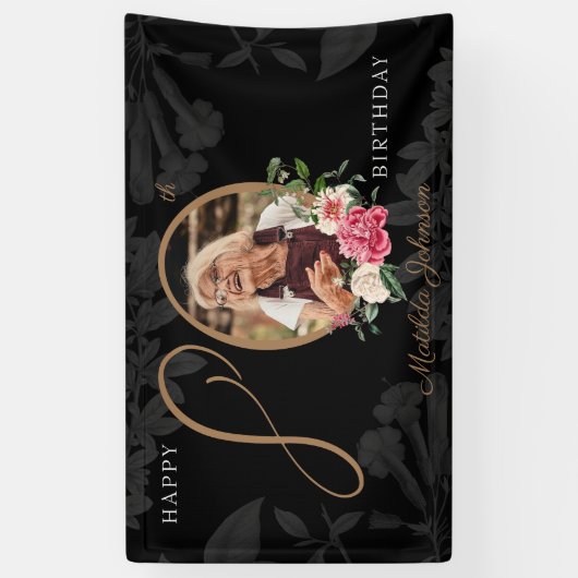 Floral 80th Birthday Black Gold Chic - aangepaste  Spandoek (Verticaal)