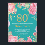 Floral 80th Birthday Gold Glitter en Blauwgroen Kaart<br><div class="desc">Floral 80th Birthday Invitation for Women. Waterverf botanische bloem. Gold Glitter. Blauwgroen Aqua Turquoise Achtergrond. Roze pinda's Floral Flowers. Volwassen verjaardag. Voor verdere aanpassing,  te klikken gelieve de knoop "van de Aanpassing het"en ons ontwerphulpmiddel te gebruiken om deze sjabloon te wijzigen.</div>