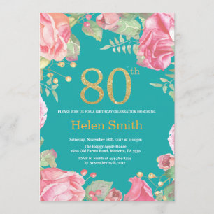 Floral 80th Birthday Gold Glitter en Blauwgroen Kaart