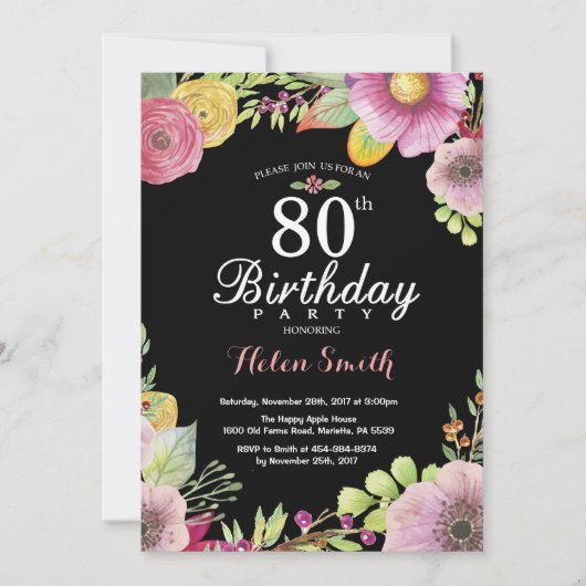 Floral 80th Birthday Invitation for Women Kaart (Voorkant)