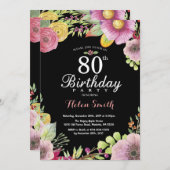 Floral 80th Birthday Invitation for Women Kaart (Voorkant / Achterkant)