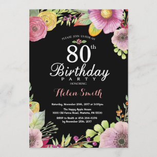 Floral 80th Birthday Invitation for Women Kaart