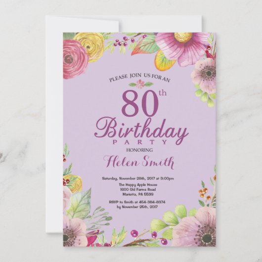 Floral 80th Birthday Invitation for Women Paars Kaart (Voorkant)