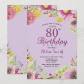 Floral 80th Birthday Invitation for Women Paars Kaart (Voorkant / Achterkant)